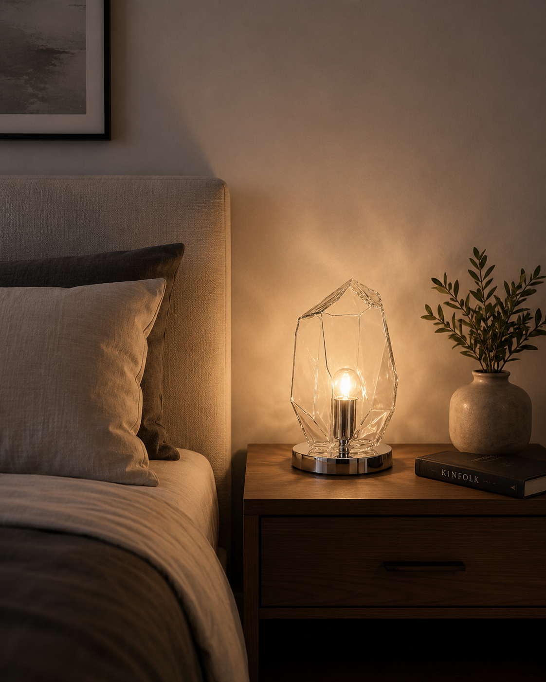 Lámpara Velador Mesa De Luz Vidrio Transparente E27 LED Moderno Dormitorio Living Cromo Decorativo