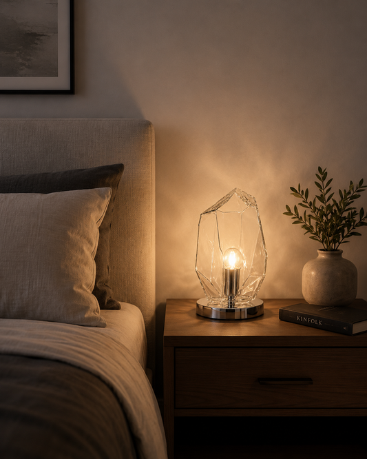 Lámpara Velador Mesa De Luz Vidrio Transparente E27 LED Moderno Dormitorio Living Cromo Decorativo