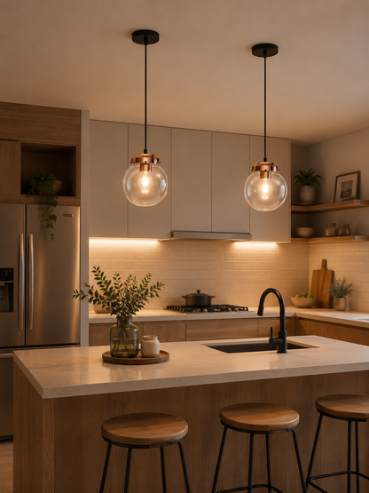 Lámpara Colgante Globo Vidrio Transparente E27 LED Moderna Cocina Isla Barra Living Comedor Dormitorio Cobre