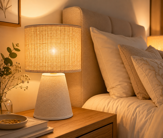 Velador Mesa De Luz Moderno Arpillera Apto Led Dormitorio Living Escritorio Lámpara Decorativa Minimalista
