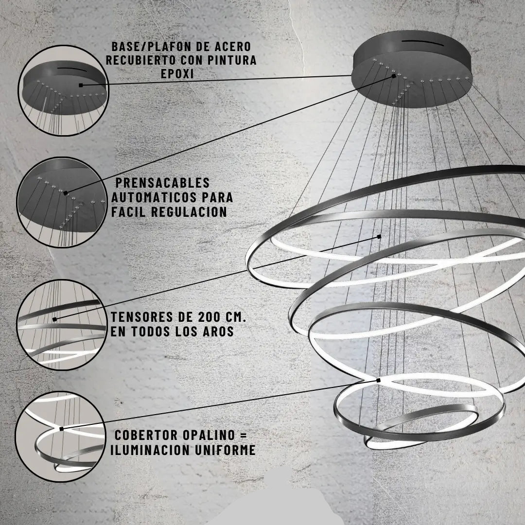 Lámpara Colgante  Led 6 Aros Moderna Minimalista Luces De Techo Living Comedor Doble Altura Diseño Premium