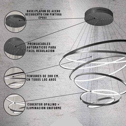 Lámpara Colgante  Led 6 Aros Moderna Minimalista Luces De Techo Living Comedor Doble Altura Diseño Premium