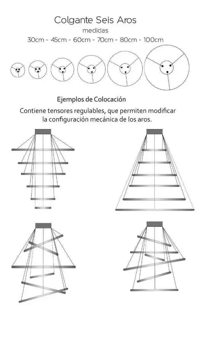 Lámpara Colgante  Led 6 Aros Moderna Minimalista Luces De Techo Living Comedor Doble Altura Diseño Premium