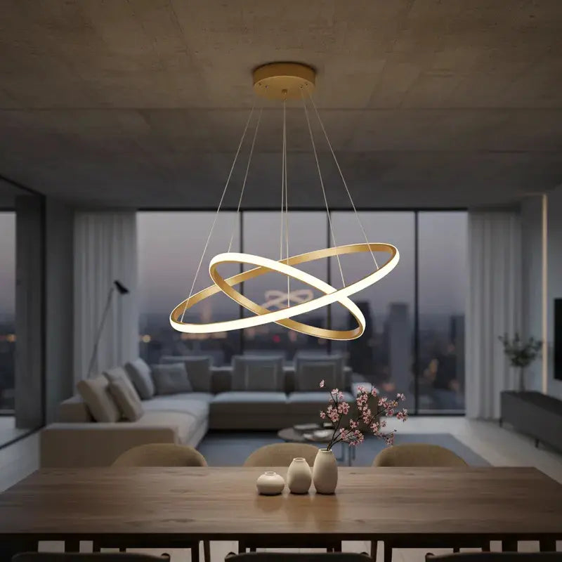 Lampara Colgante Doble Aro LED Dorada 60+40cm Moderna CCT Luz Fría Cálida Neutra Techo Living Comedor Cocina