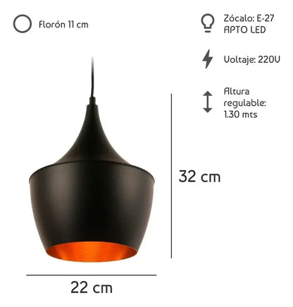 Lámpara Colgante Beat Fat Negra Cobre Diseño Moderno Cocina Comedor Bar Restaurante E27 LED