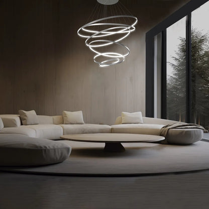 Lámpara Colgante  Led 6 Aros Moderna Minimalista Luces De Techo Living Comedor Doble Altura Diseño Premium