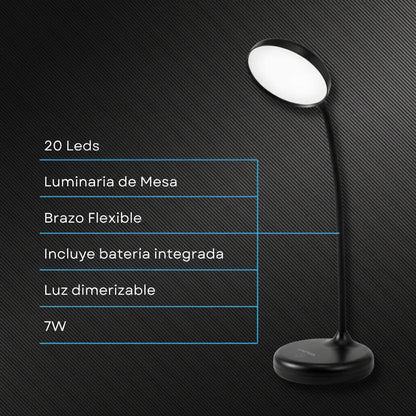 Lampara Velador De Estudio LED Recargable Flexible Dimerizable USB 7W Luz Escritorio Mesita de luz Habitacion Negro