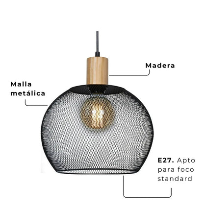 Lámpara Colgante Nórdica Industrial Madera y Metal Negra E27 Techo Cocina Comedor Living Dormitorio Deco Moderna
