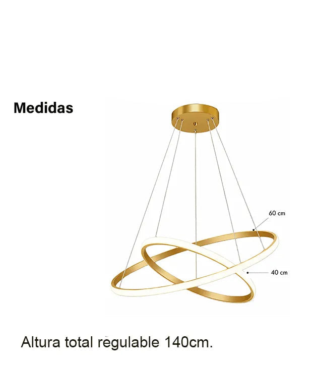 Lampara Colgante Doble Aro LED Dorada 60+40cm Moderna CCT Luz Fría Cálida Neutra Techo Living Comedor Cocina
