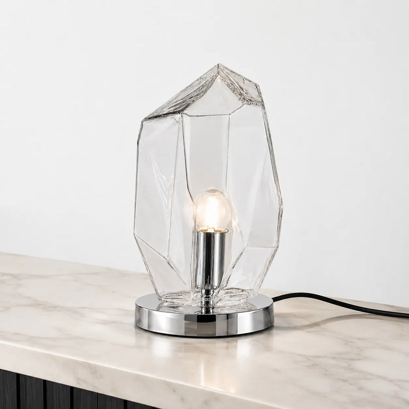 Lámpara Velador Mesa De Luz Vidrio Transparente E27 LED Moderno Dormitorio Living Cromo Decorativo